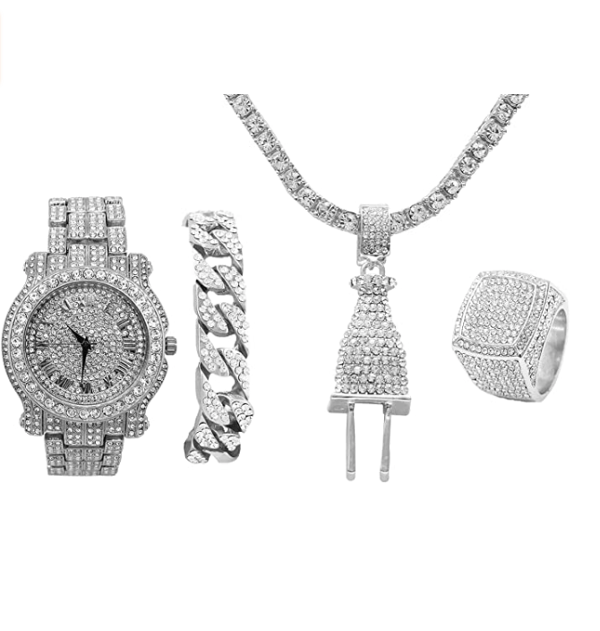 Watch Ring Set Diamond Plug Necklace Cuban Link Bracelet Tennis Chain Bundle