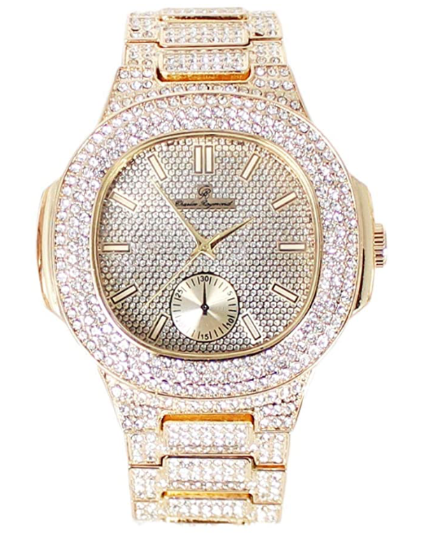 Gold Watch Red Face Diamond Hip Hop Iced Out Watch Bust Down