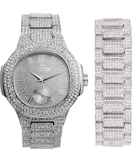 Diamonds Watch Set Bust Down Hip Hop Bracelet Bundle