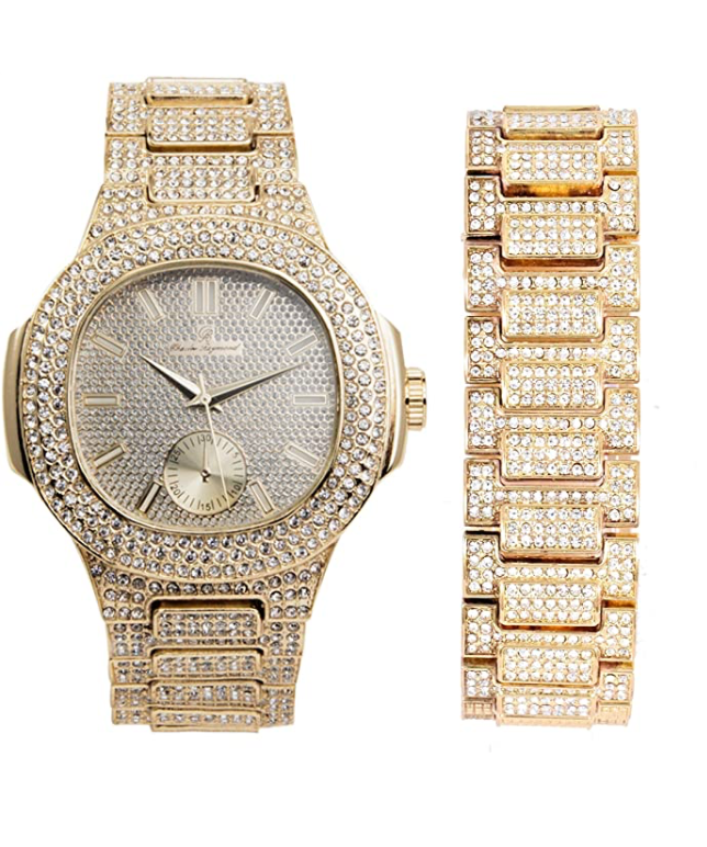 Diamonds Watch Set Bust Down Hip Hop Bracelet Bundle