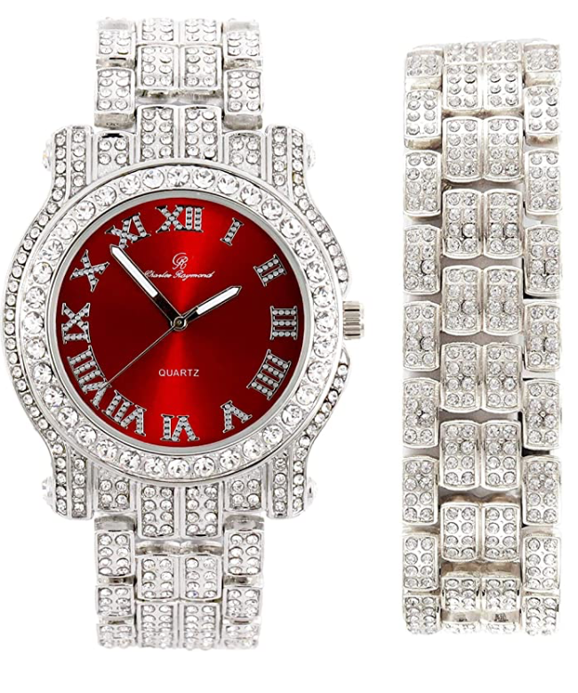 Silver Diamond Watch Set Bracelet Iced Out Jewelry Bundle