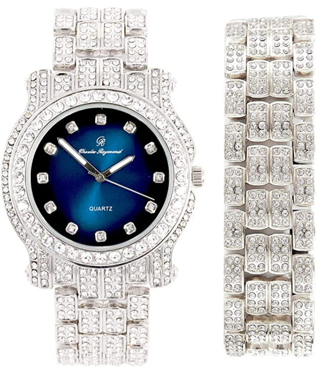 Silver Diamond Watch Set Bracelet Iced Out Jewelry Bundle