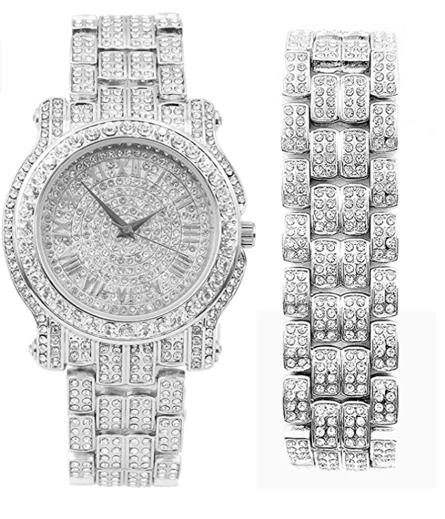 Silver Diamond Watch Set Bracelet Iced Out Jewelry Bundle