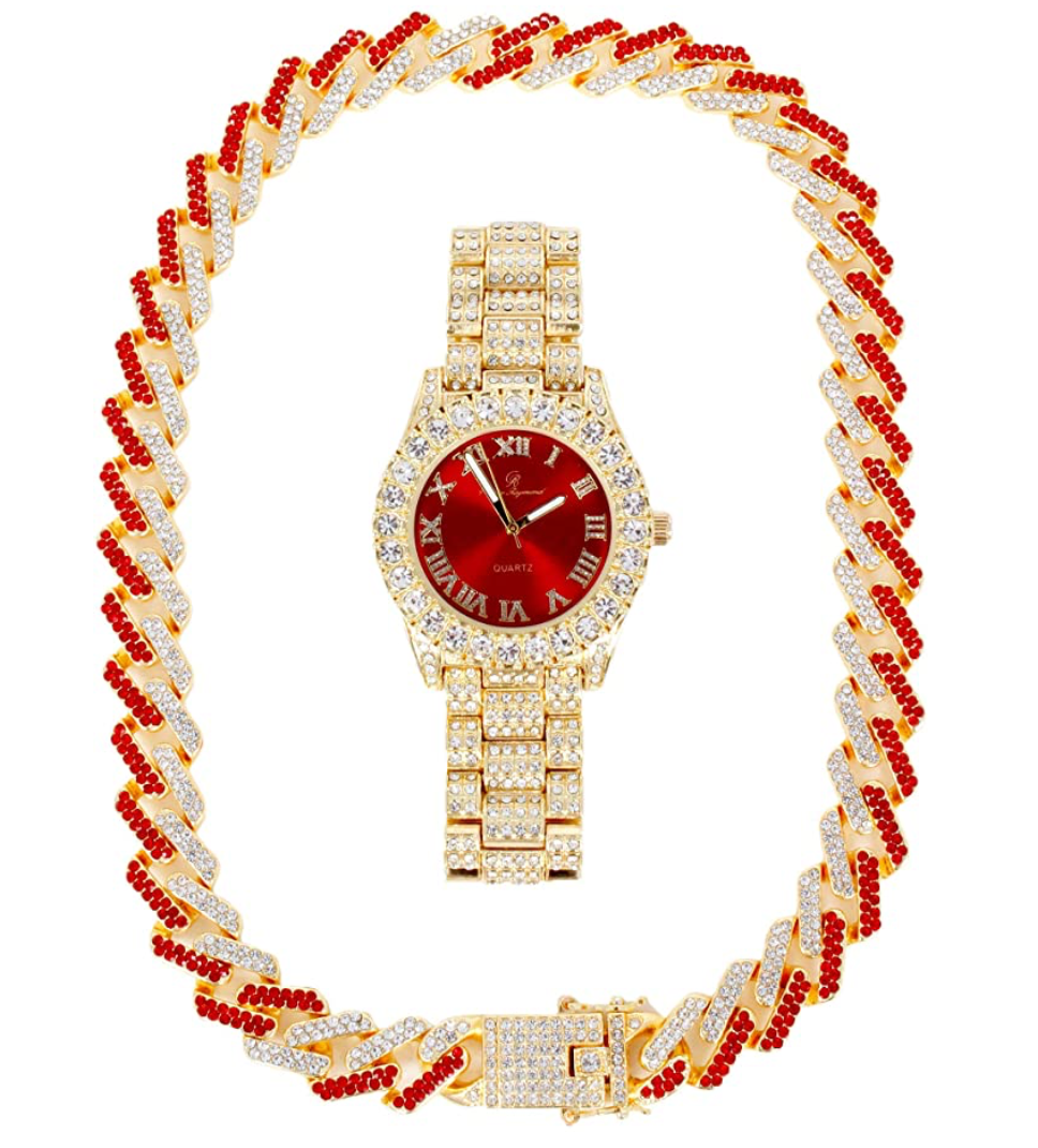 Cuban Link Chain Set Necklace Red Face Watch Gold Diamond Bust Down Hip Hop Watch Bundle