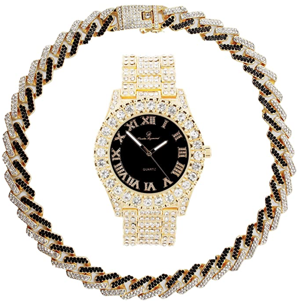 Cuban Link Chain Set Necklace Red Face Watch Gold Diamond Bust Down Hip Hop Watch Bundle