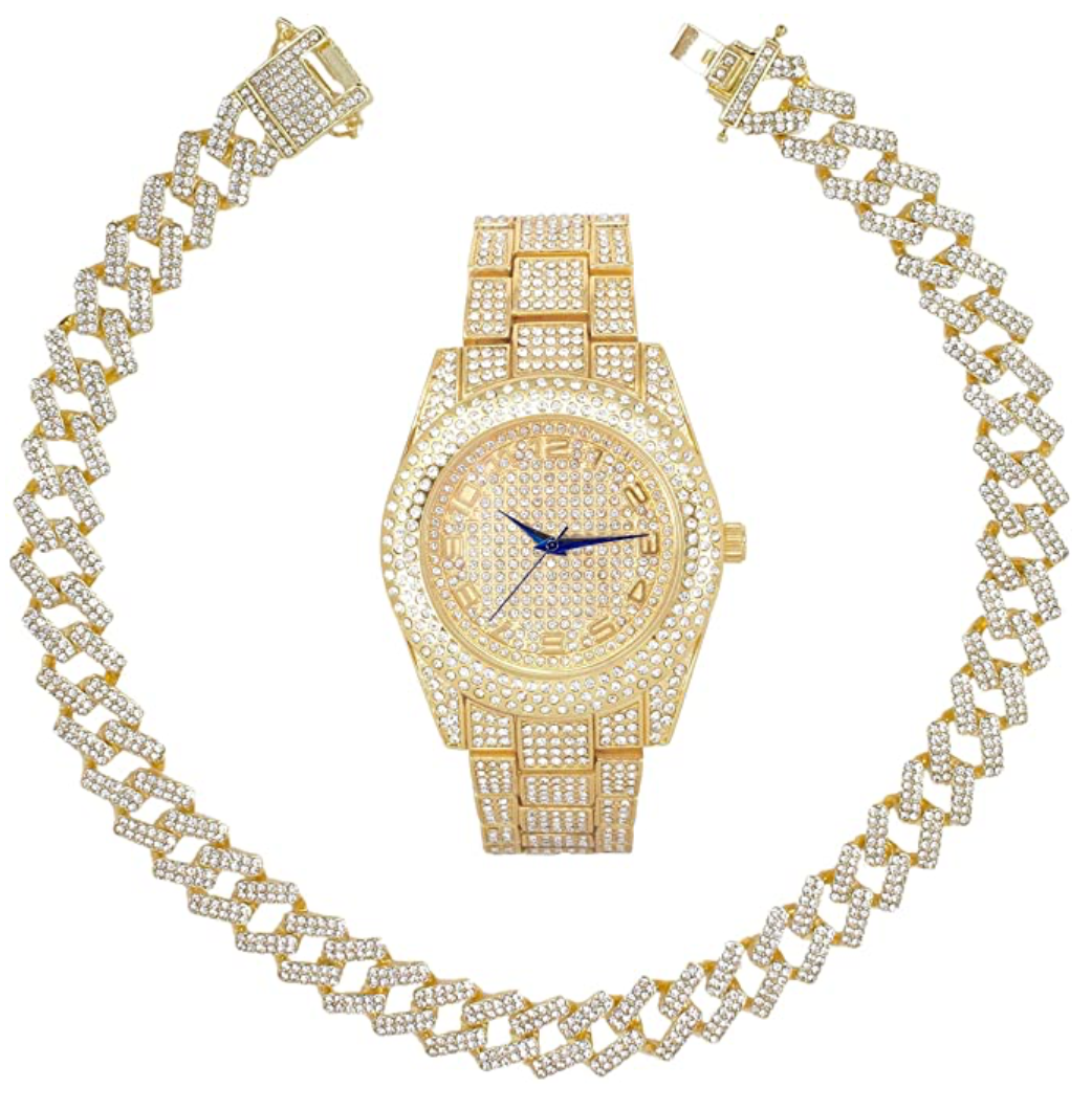 Cuban Link Chain Set Necklace Red Face Watch Gold Diamond Bust Down Hip Hop Watch Bundle