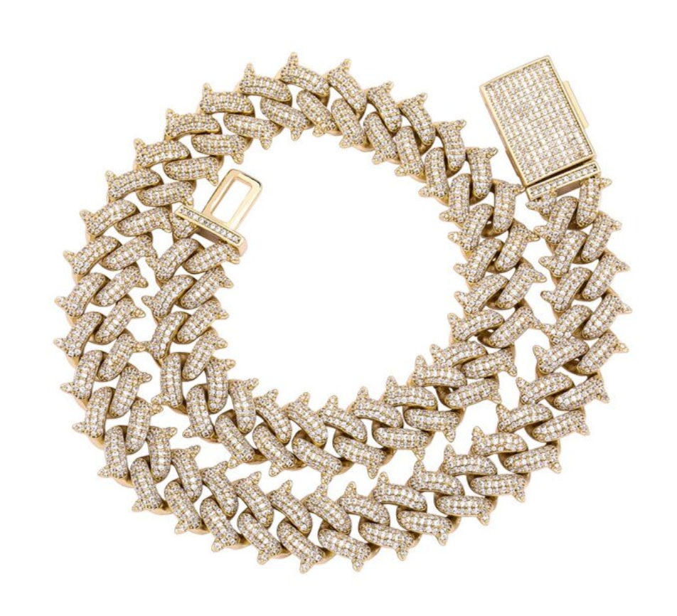 14mm Spike Cuban Link Necklace Barbwire Diamond 16 - 30in.