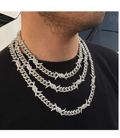 Barbwire Necklace Spike Cuban Link Chain Diamond Spiked Chain 16 - 30in.