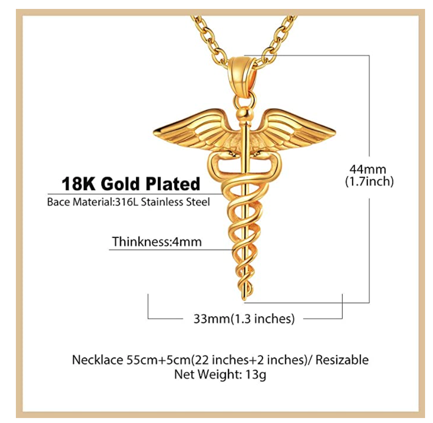 Medical Symbol Chain Pendant Caduceus Necklace Snake Jewelry 24in.