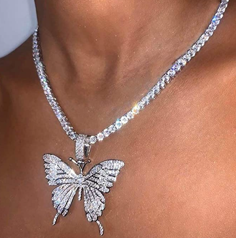 Diamond Tennis Chain Butterfly Necklace Pendants Hip Hop Jewelry 18in.