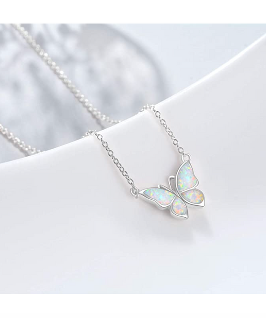 Butterfly Necklace Pendant White Created Opal butterfly Jewelry Chain 925 Sterling Silver 18in.