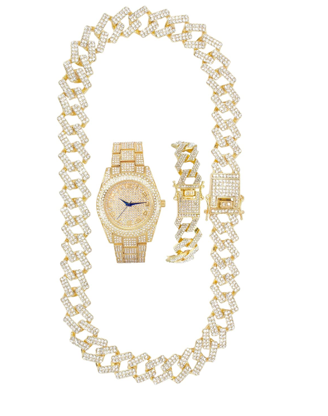 Gold Diamond Cuban Link Chain Set Necklace Red Face Watch Bust Down Hip Hop Bracelet Bundle