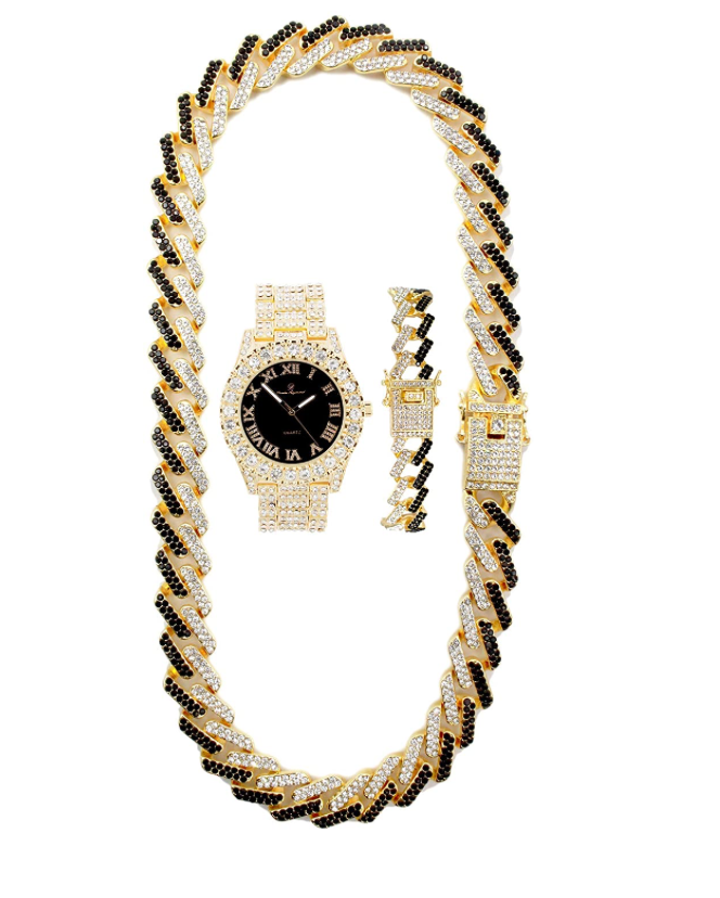 Gold Diamond Cuban Link Chain Set Necklace Red Face Watch Bust Down Hip Hop Bracelet Bundle