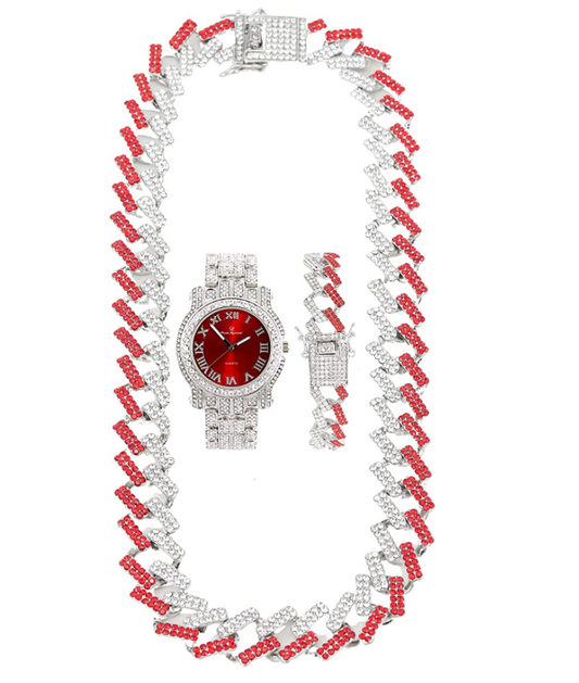 Gold Diamond Cuban Link Chain Set Necklace Red Face Watch Bust Down Hip Hop Bracelet Bundle