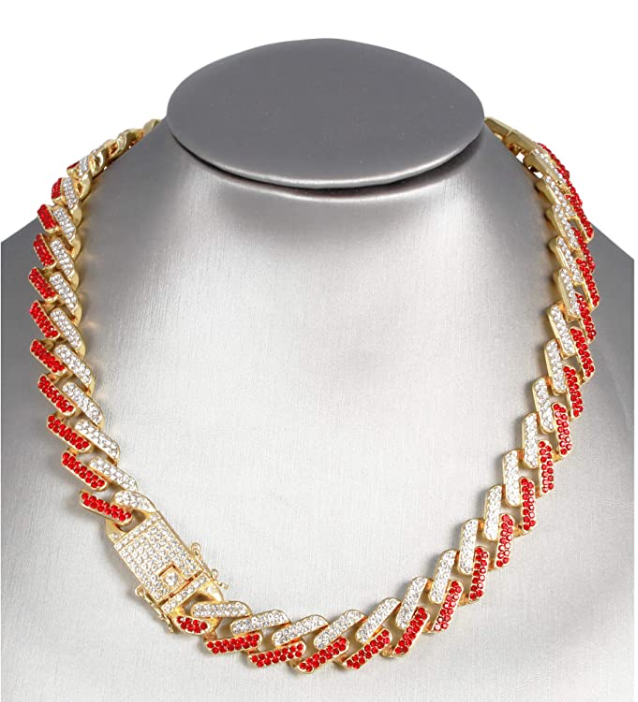 Gold Diamond Cuban Link Chain Set Necklace Red Face Watch Bust Down Hip Hop Bracelet Bundle