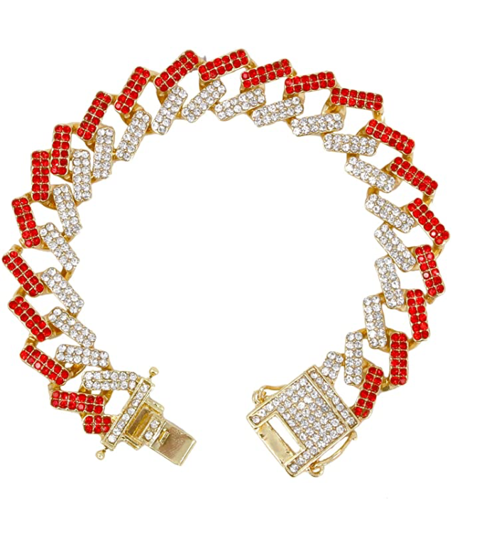 Gold Diamond Cuban Link Chain Set Necklace Red Face Watch Bust Down Hip Hop Bracelet Bundle