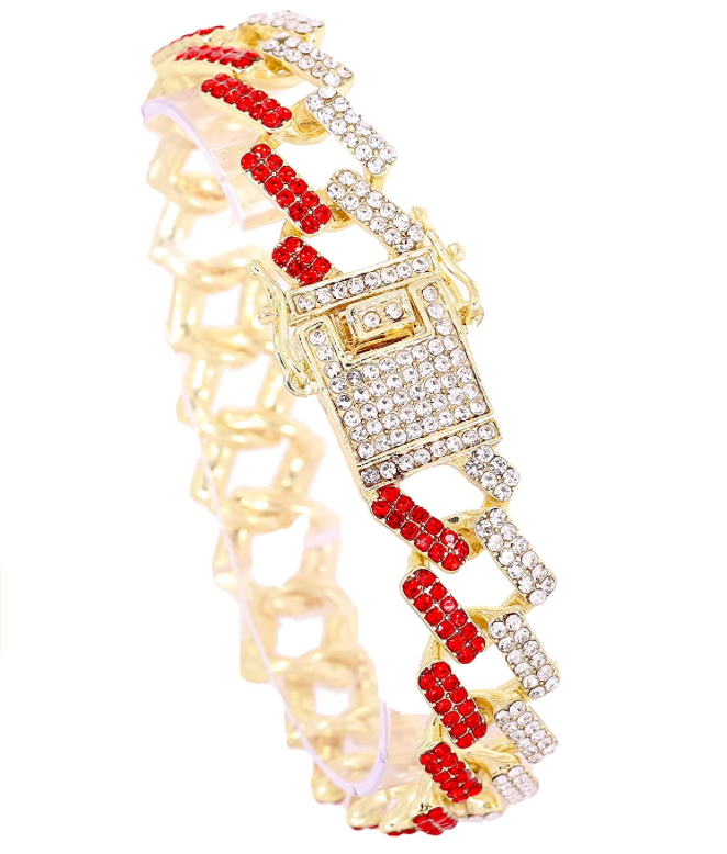 Gold Diamond Cuban Link Chain Set Necklace Red Face Watch Bust Down Hip Hop Bracelet Bundle