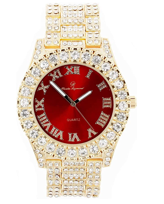 Gold Diamond Cuban Link Chain Set Necklace Red Face Watch Bust Down Hip Hop Bracelet Bundle