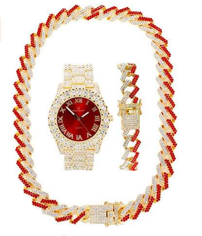 Gold Diamond Cuban Link Chain Set Necklace Red Face Watch Bust Down Hip Hop Bracelet Bundle