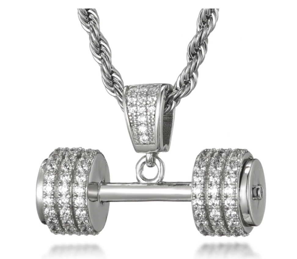 Diamond Dumbbell Pendant Gym Necklace Exercise Workout Chain 24in.