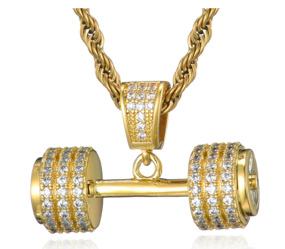 Diamond Dumbbell Pendant Gym Necklace Exercise Workout Chain 24in.