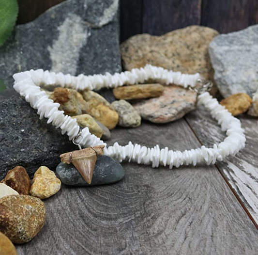 Natural Shark Tooth Pendant Puka Shells Necklace Hawaiian Necklace Lucky Shark Tooth Charm Chain Birthday Gift 18 - 22in.