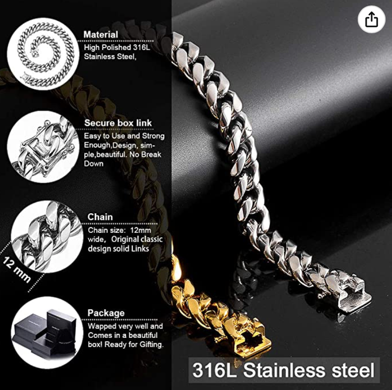 12mm Stainless Steel Cuban Link Chain Silver Tone 16 - 30in.