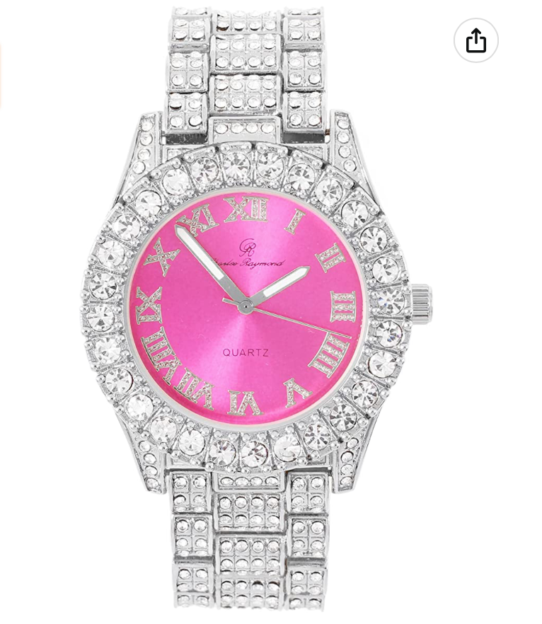 Womens Bust Down Pink Dial Watch Ladies Silver Diamond Watch