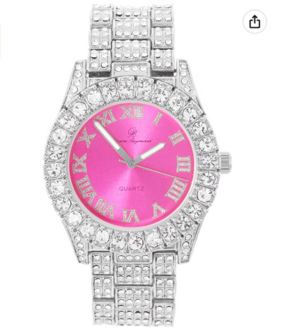 Womens Bust Down Pink Dial Watch Ladies Silver Diamond Watch