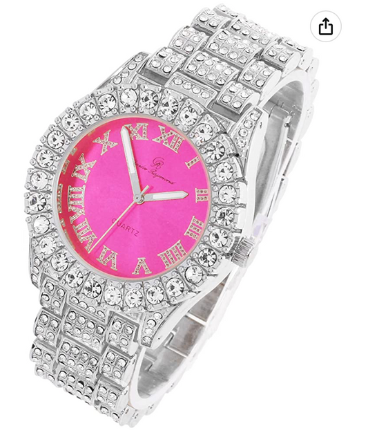 Womens Bust Down Pink Dial Watch Ladies Silver Diamond Watch