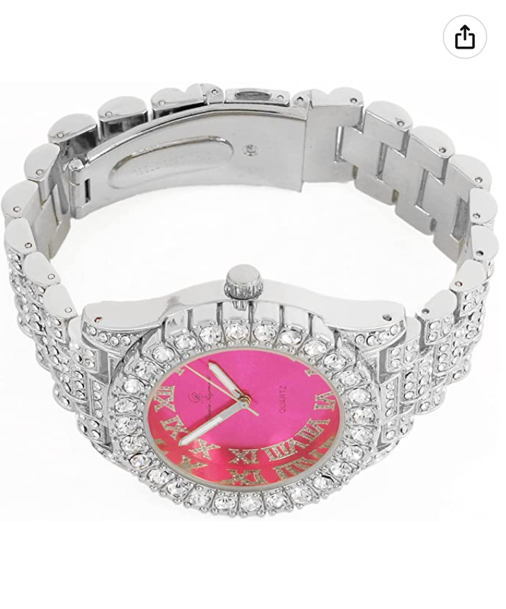 Womens Bust Down Pink Dial Watch Ladies Silver Diamond Watch