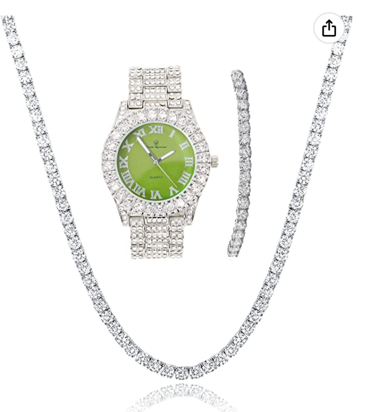 Ladies Silver Tennis Chain Bracelet Diamond Necklace Bracelet Watch Bust Down Set Bundle