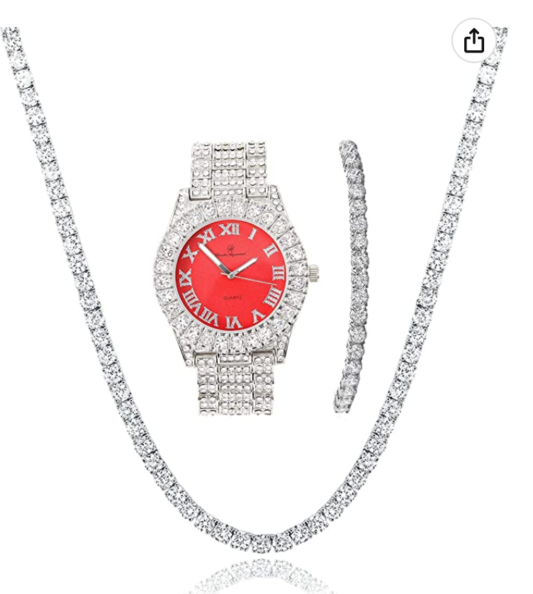 Ladies Silver Tennis Chain Bracelet Diamond Necklace Bracelet Watch Bust Down Set Bundle