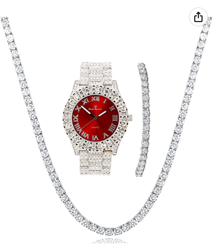 Ladies Silver Tennis Chain Bracelet Diamond Necklace Bracelet Watch Bust Down Set Bundle