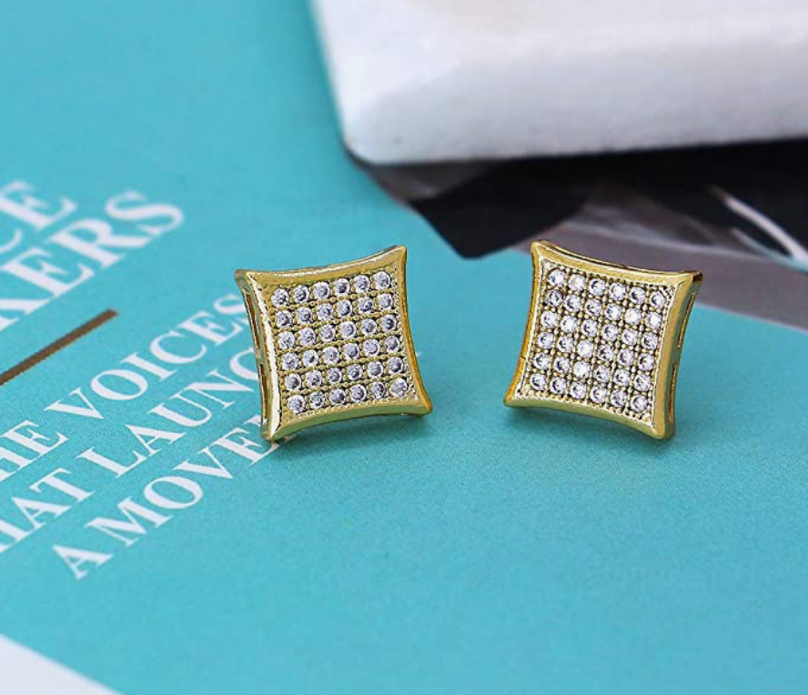 11mm Silver Diamond Earring Gold  Hip Hop Square