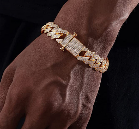 15mm Prong Bracelet Gold Silver Diamond Cuban Link 8.5in.