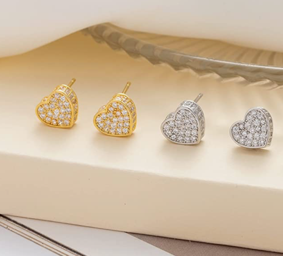 7mm Diamond Heart Earrings Silver & Gold Stud Screw Back Earring Heart