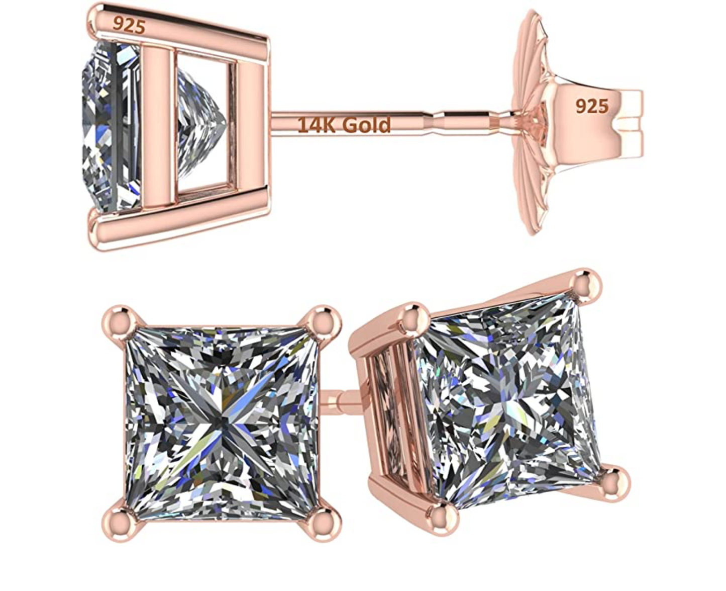 925 Sterling Silver Stud Earring Square Diamond Princess Cut