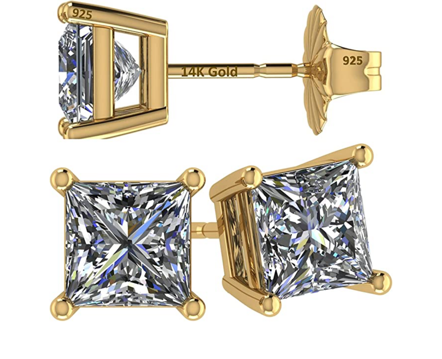 925 Sterling Silver Stud Earring Square Diamond Princess Cut