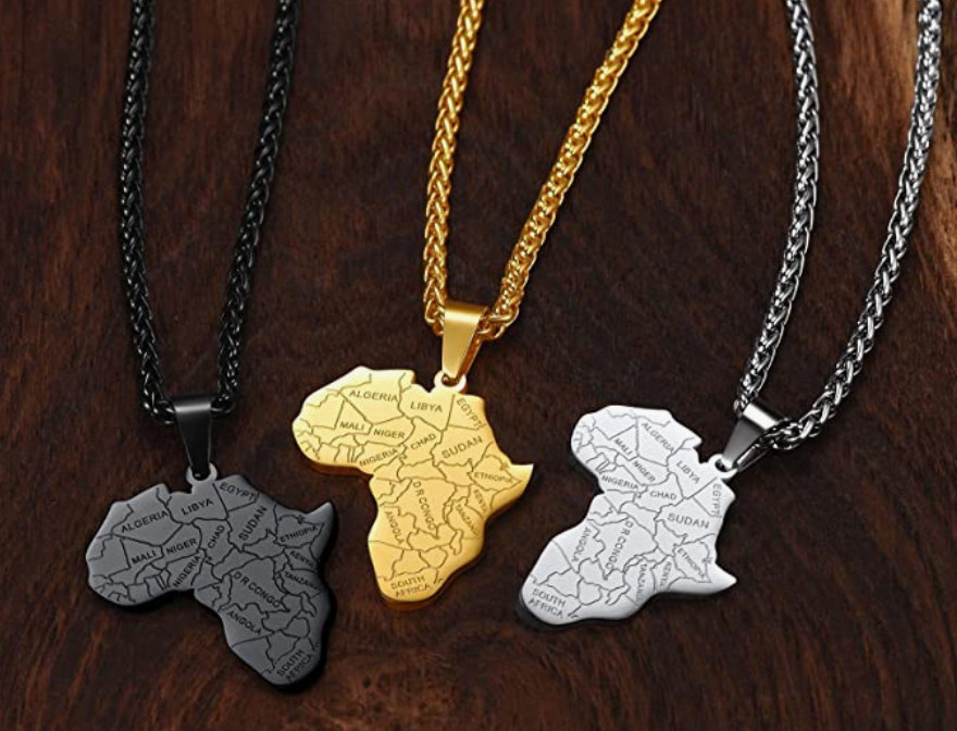 Africa Countries Pendant Stainless Steel Silver African Jewelry Africa Map Necklace 24in.