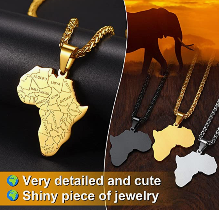 Africa Countries Pendant Stainless Steel Silver African Jewelry Africa Map Necklace 24in.