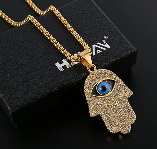 Diamond Hand of Fatima Necklace Hamsa Hand Chain Blue Evil Eye Stainless Steel 24in.