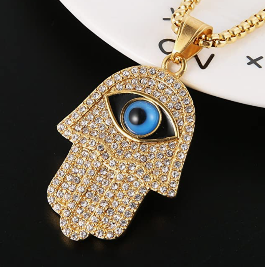 Diamond Hand of Fatima Necklace Hamsa Hand Chain Blue Evil Eye Stainless Steel 24in.