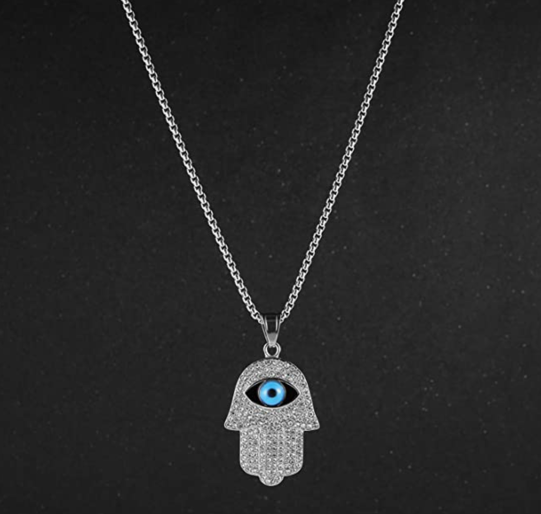 Diamond Hand of Fatima Necklace Hamsa Hand Chain Blue Evil Eye Stainless Steel 24in.