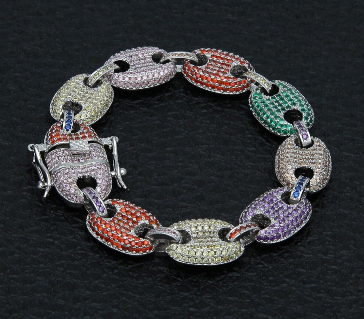 Hip Hop Diamond Rainbow Mariner Link Bracelet Puff Anchor Link