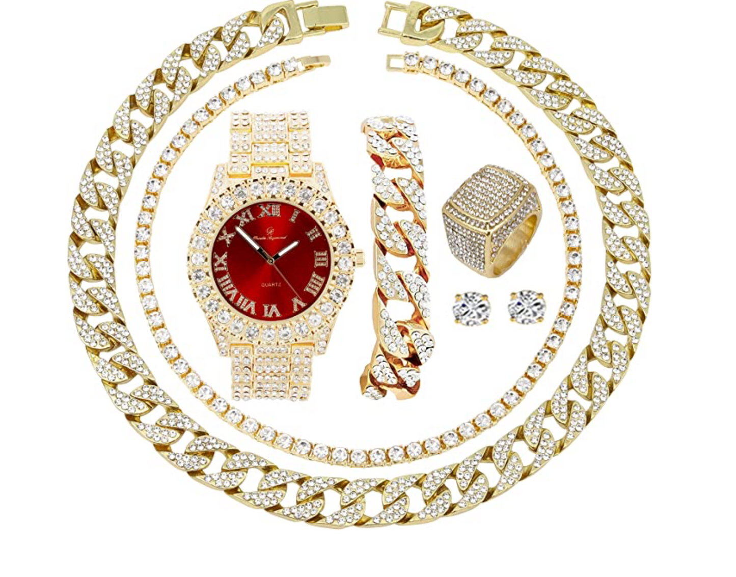 Diamond Red Watch Set Gold Earring Necklace Cuban Link Blue Bracelet Tennis Chain Ring Gift Bundle