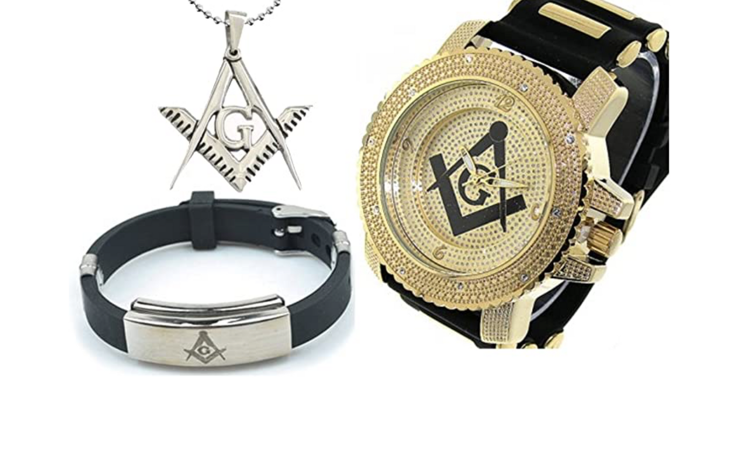 Freemason Watch Diamonds Gift Masonic Necklace Compass & Square Bracelet Bundle Set Silver & Black