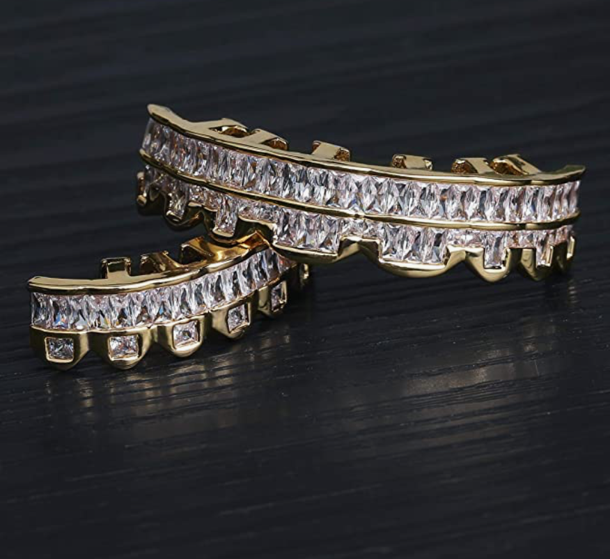 Silver Baguette Diamond Grillz Set