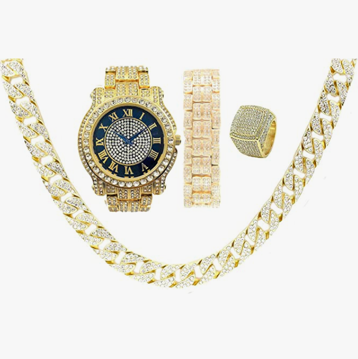 Black Face Diamond Cuban Link Chain Hip Hop Ring Bundle Bracelet Earrings Gift Set