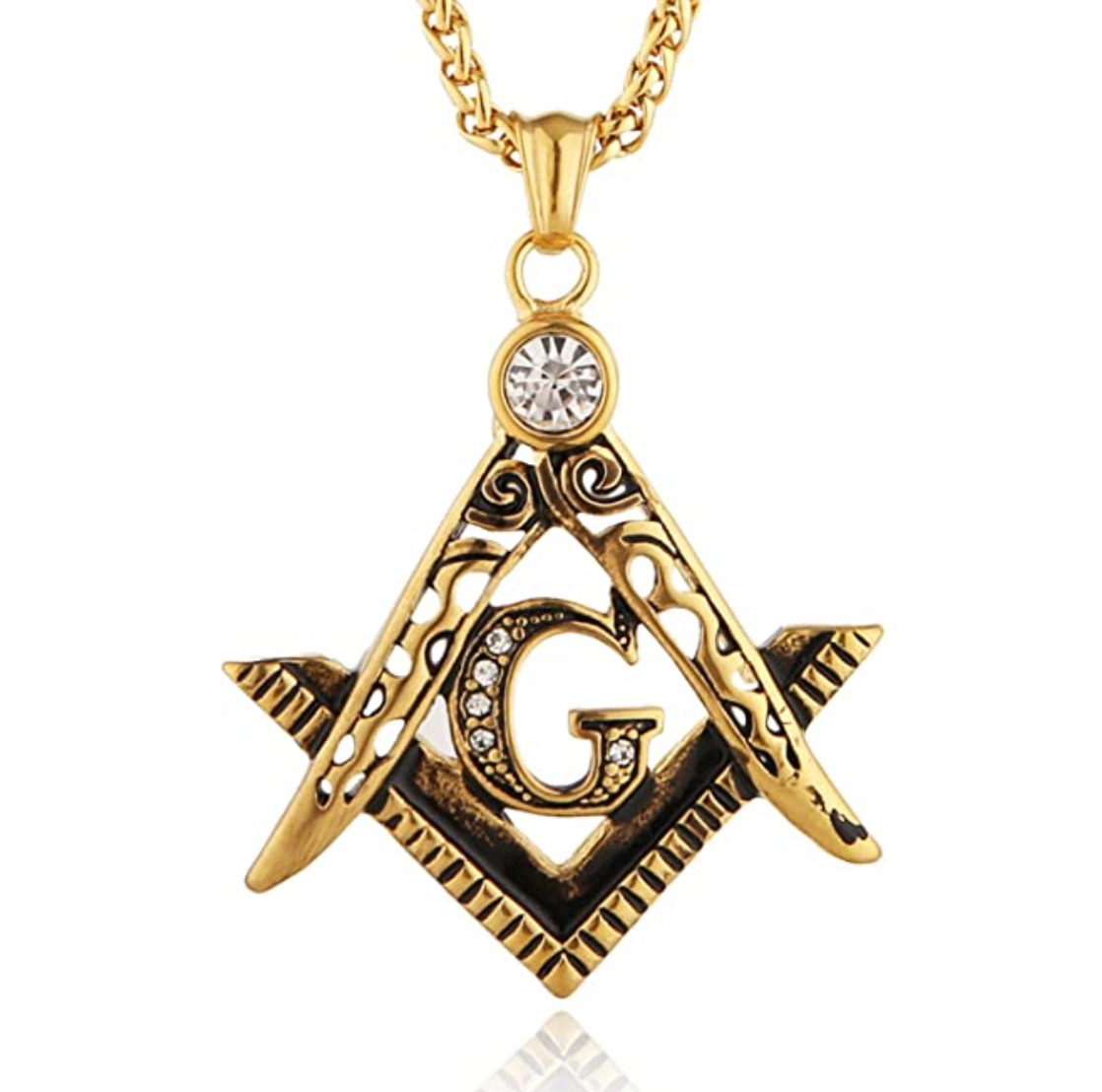 Silver Masonic Chain Freemason Necklace Diamond Gift Square Compass Pendant Chain Stainless Steel 24in.